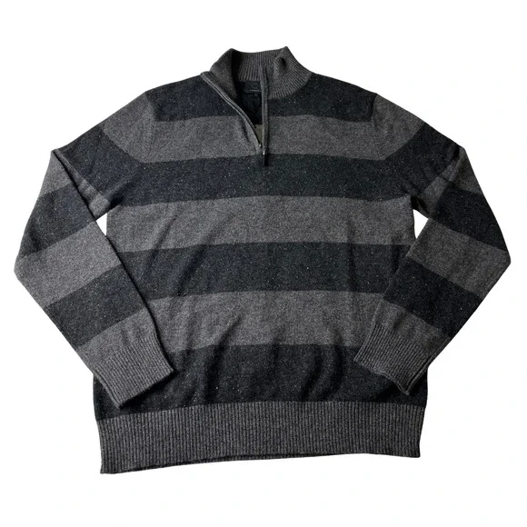 SKU1-10 QI CASHMERE Men's Sweater Turtle Neck Striped 100% Cashmere Grey XL